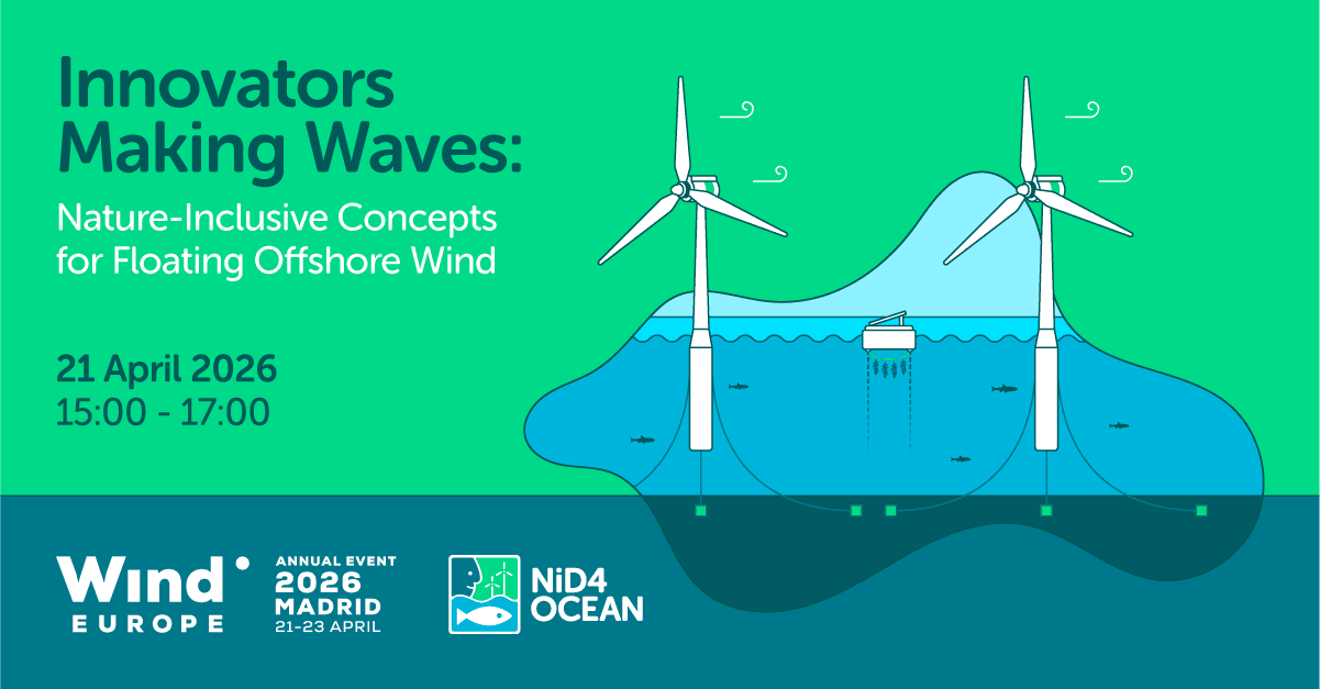 Banner for event Innovators making waves - NiD4OCEAN at Wind europe. Background is green, there is an illustration of two offshore wind turbines with a solar floating wind at the center. Logos of NiD4OCEAN and Wind Europe. Title and date of the event